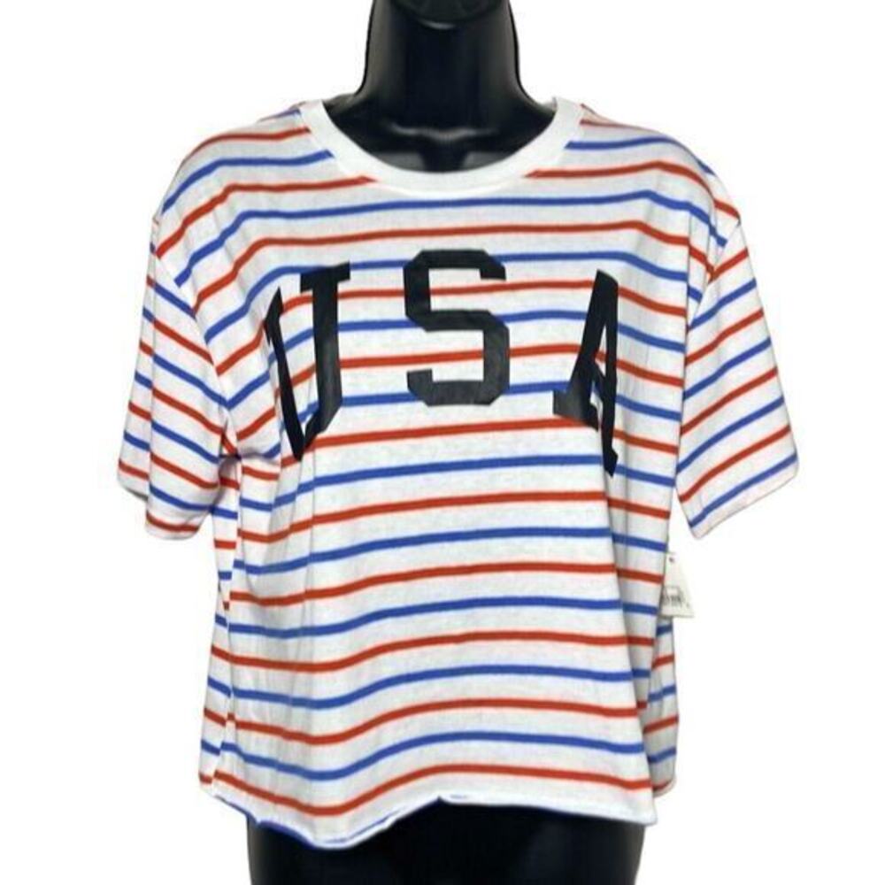 Mighty Fine Striped USA Patriotic Women’s Crop Top Red & Blue Stripes Size Large